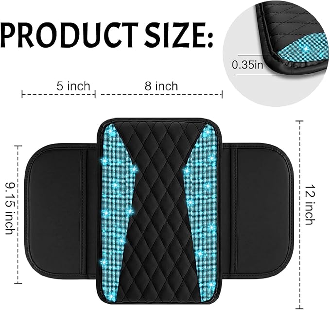 NBTEPEM Bling Car Center Console Cover, Leather Middle Console Cover with 2 Storage Bags, Universal Arm Rest Cover Protector, Bling Car Accessories Interior Fit for Most Vehicles, Aquamrine Diamond