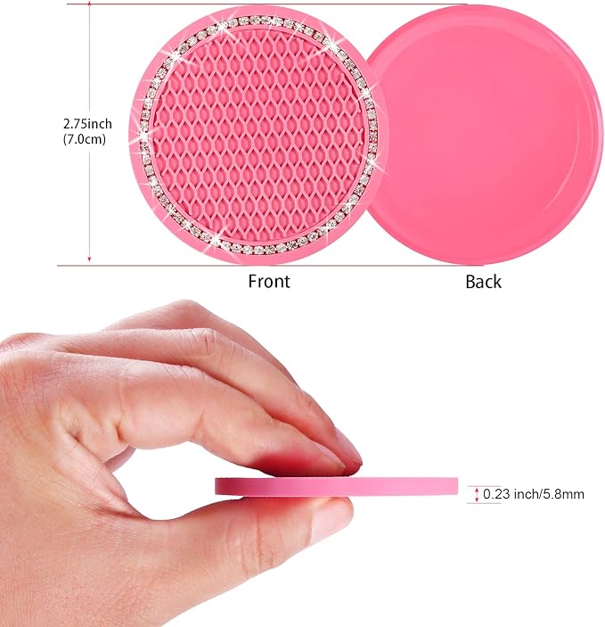 2PCS Bling Car Cup Coaster, 2.75 Inch Auto Cup Holder Insert Coasters Silicone Anti-Slip Crystal Rhinestone Drink Mat, Universal Vehicle Interior Accessories for Women Girls (Pink)
