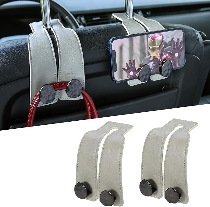 Leather Car Purse Hook for Headrest, 2 Pack (Grey-Black) | Twin Hooks Headrest Hangers, 2/4 Pack, No-Slip, Scratch-Proof, Holds Purses, Backpacks, Grocery Bags, Car Organizer Gift