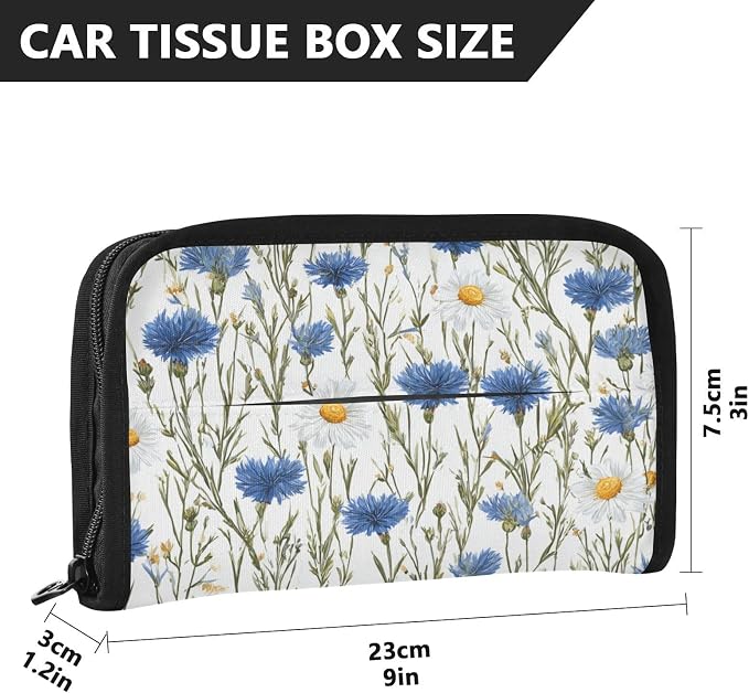 Car Tissue Holder Car Napkin Holder Tissue Box Dispenser Storage Case Sun Visor Mask Holder with Adjustable Straps Reusable Refillable Blue and White Daisy03