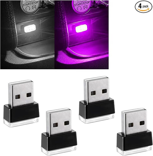 Augeny 4 PCS USB LED Car Interior Atmosphere Lamp, Plug-in USB Decor Night Light, Portable Auto Ambient Lighting Kit, Universal Vehicle Interior Accessories for Most Cars (White & Purple)