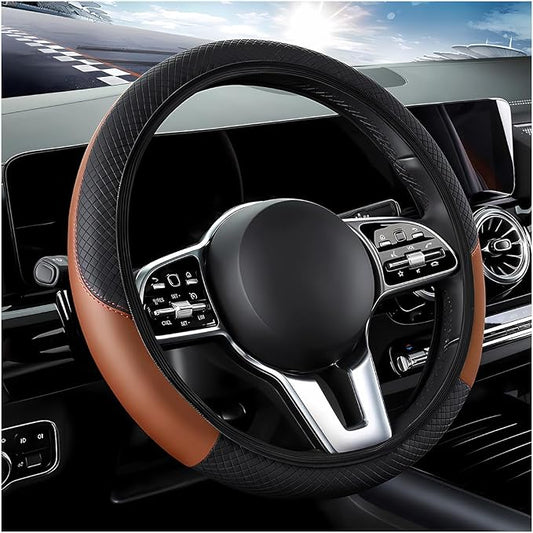 DXNQ Car Steering Wheel Cover, 15 Inch Carbon Fiber Leather Stitching Color Steering Wheel Protector, Anti-Slip Elastic Breathable Steering Wheel Cover Stylish Decor for Most Cars (Black&Khaki, AD)