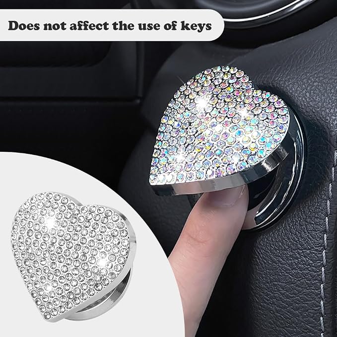 Bling Push Start Button Cover with Rhinestone,Heart Push to Start Button Cover for Car Decor,Diamond Engine Start Buttons Cover Car Accessories Interior for Women & Girl (White)