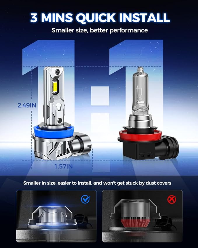 Marsauto H11/H9/H8 9005/HB3 Fog Light Bulbs Combo, 800% Brighter 80,000LM 6500K Cool White, Fanless 1:1 Mini Size, Pack of 4