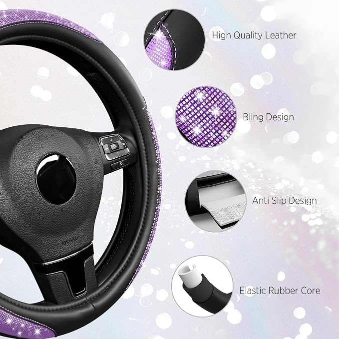 Road Comforts Pixel Glitter Steering Wheel Cover, 14.5–15 Inch Leather Steering Wheels Snug Fit, Anti-Slip Leather Grip, Elegant Sparkle Design, Universal Fit - Purple