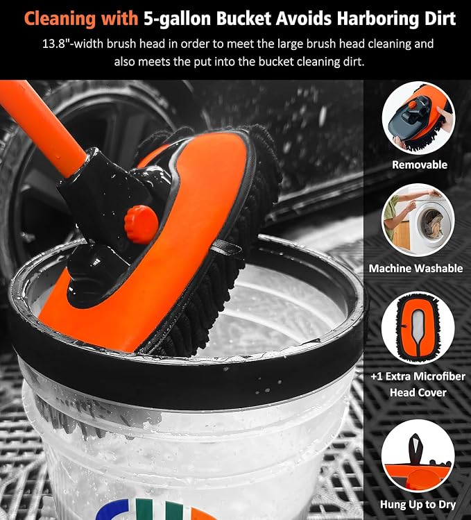 YeewayVeh 43" Car Wash Brush Mop, Extendable Long Handle, Orange | 15° Curved Soft Microfiber Mop for Truck & SUV Cleaning, Extra Mop Head, No Scratching