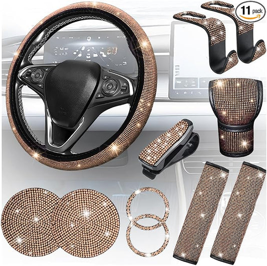 11PCS/Set Bling Car Accessories Set for Women, Rhinestone Vehicle Steering Wheel Cover Seat Belt Cushion Gear Shift Protector Cup Holder Coaster, Universal Automotive Accessories (Champange)