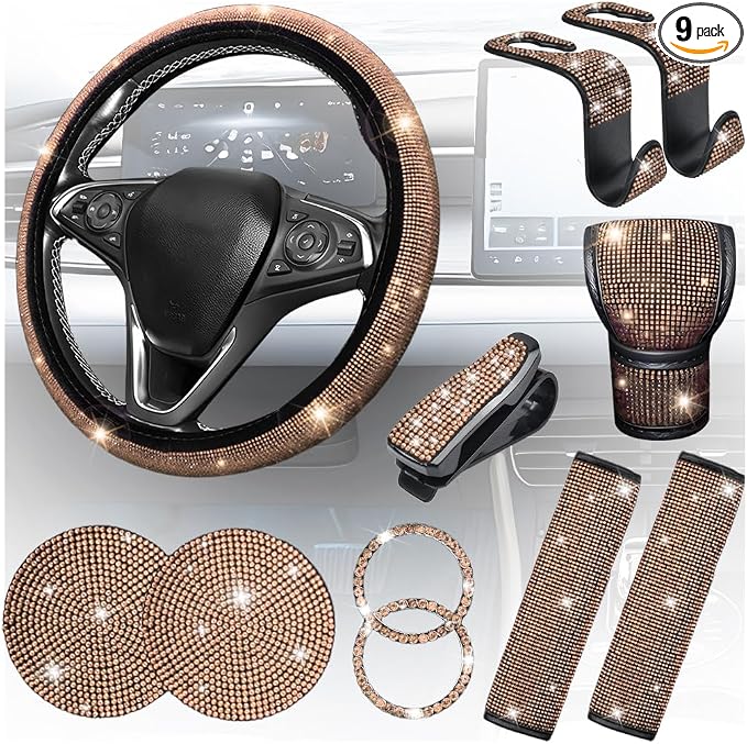 8PCS Bling Car Accessories Set, Sparkly Rhinestone Vehicle Steering Wheel Seat Belt Gear Shift Start Stop Button Cover, Diamond Auto Cup Holder Coaster Decoration, Universal Fit (Champagne)