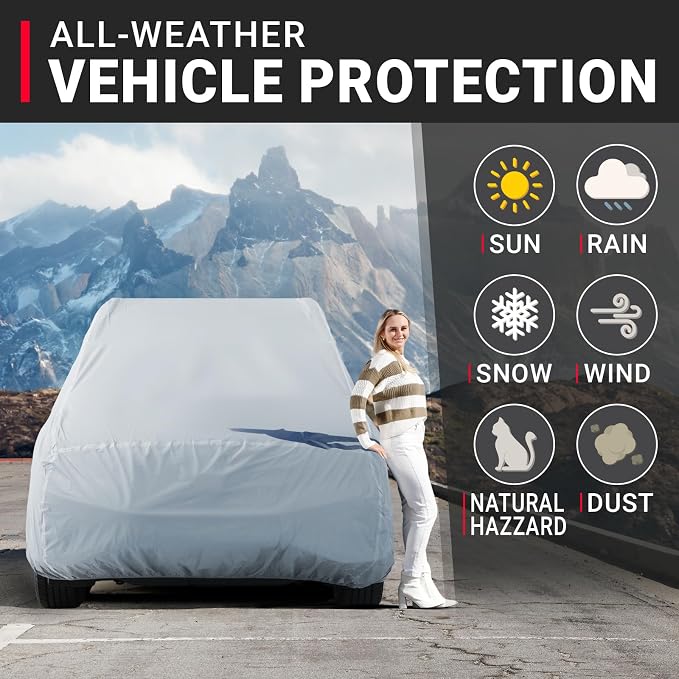 iCarCover 18-Layer SUV Car Cover Waterproof All Weather, UV Sun Protection Full Car Covers for Automobiles, Venue, Soul, XB, Defender 90, Tracker 4-Door, Samurai, Size S59 (See Size Chart)