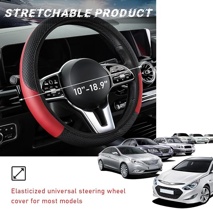 povtii Car Steering Wheel Cover, 15 Inch Leather Breathable Auto Steering Wheel Protector, Comfortable Non-Slip Vehicle Steering Wheel Covers, Universal Interior Car Accessories (Black+Red)