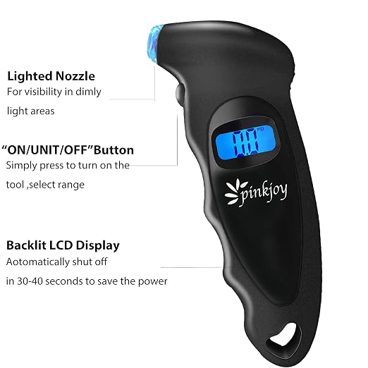 PINKJOY Digital Tire Pressure Gauge 150 PSI, 4 Settings, Tire Gauge for Car, Truck, Motorcycle, Bicycle with Backlit LCD and Non-Slip Grip (Black)