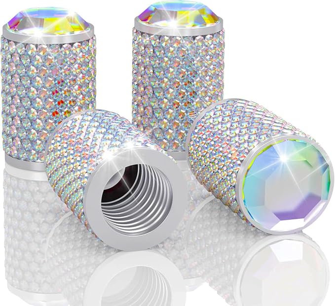 BFXM 4Pcs Car Tire Valve Stem Caps, Bling Tire Air Cap for Car, Car Accessories for Women Universal Stem Covers, Anodized Aluminum Tires Valve Cap with O Rubber Ring, Crystal Diamond