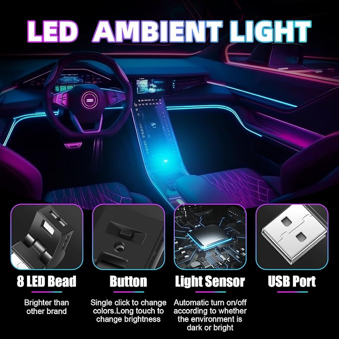 Frienda 2 Pcs Mini USB LED Light Car LED Interior Lighting 5v RGB Foldable Ambient Lighting Adjustable 8 Color and Brightness Smart USB Night Lamp for Cars Laptop Keyboard (USB-A)