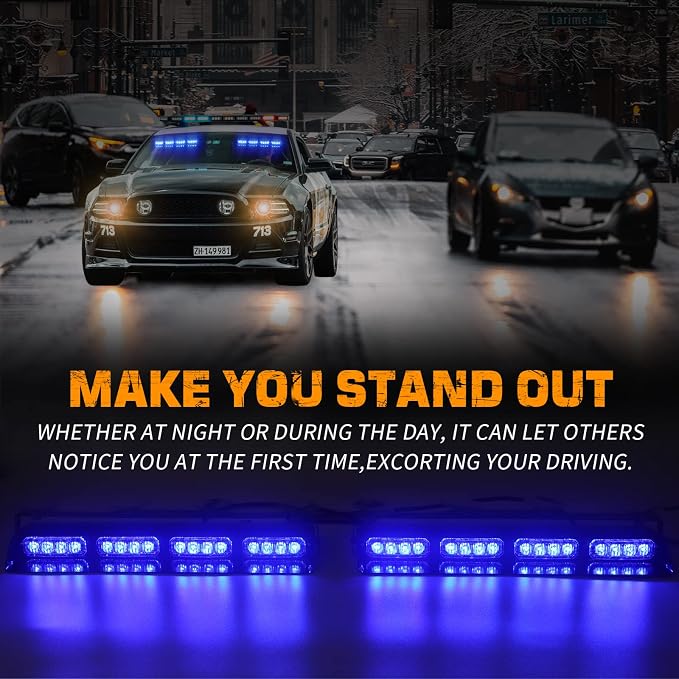 XRIDONSEN 2x 14 inch Blue Emergency Lights 32 LED Dash Strobe Lights | Interior Safety Flashing Warning Hazard Caution Front/Rear Windshield Light Bar w/ Controller for Vehicles Trucks Car