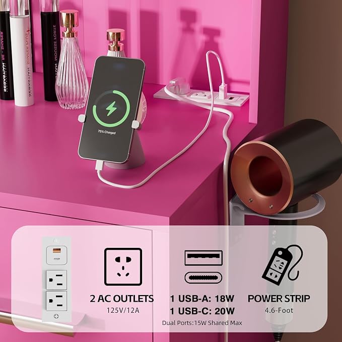 Furmax Vanity Desk with Mirror, LED Lights and Power Outlet Makeup Vanity Table with 7 Drawers and 6 Storage Shelves Dressing Table for Bedroom Dressing Room (Rose Pink)