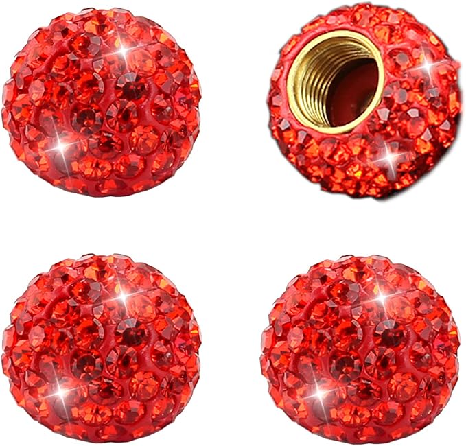 Car Wheel Tire Valve 4 Pack Handmade Crystal Rhinestone Tire Valve Stem Air Caps Cover Bling Car Accessories (Red)