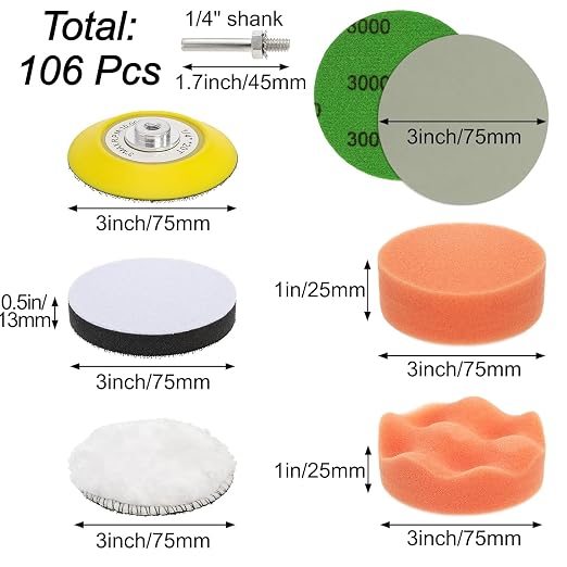 Hacaroa 106 Pcs 3 Inch Sanding Discs, Wet Dry Sandpaper Headlight Restoration Kit 800, 1000, 2000, 3000, 5000 Grit, Silicon Carbide Hook & Loop Sand Paper Drill Polishing Kit for Car, Wood, Metal