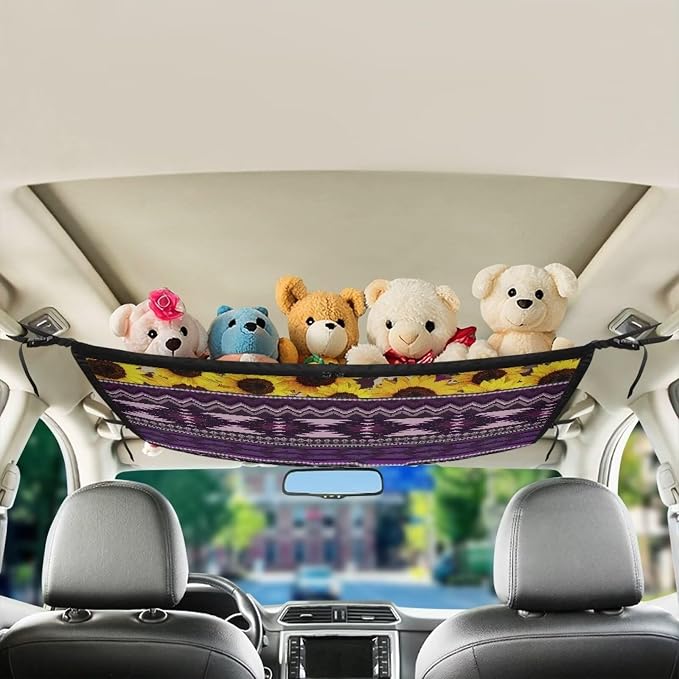 Dreaweet Sunflower Aztec Car Ceiling Cargo Net Pocket Storage Net,Purple Car Roof Storage for SUV Truck Mini Van,Car Ceiling Organizer Net Car Camping Accessories Road Trips Essentials