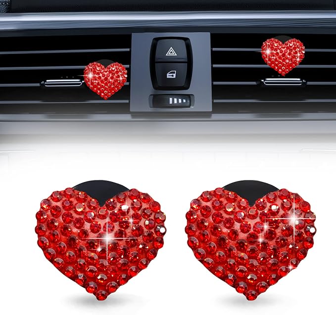 2Pcs Car Air Vent Clip, Bling Crystal Heart Charms Car Air Vent Clips, Air Conditioning Outlet Clip Decorative, Interior Decoration Accessories Universal for Women and Man (Red)