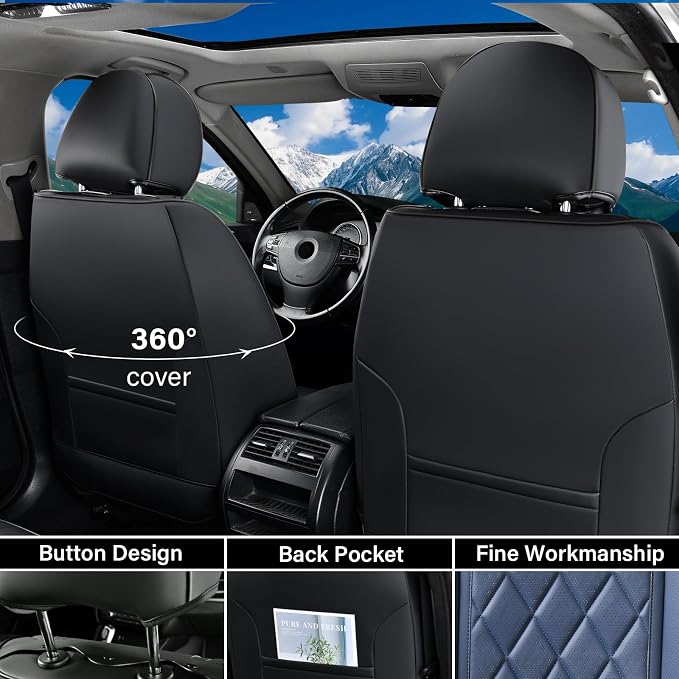 Coverado Car Seat Covers Full Set, Luxury Faux Leather Waterproof Seat Cover, Black and Blue Car Seat Covers, Car Seat Protector, Automotive Seat Covers Universal Fit for Most Cars, Black&Blue