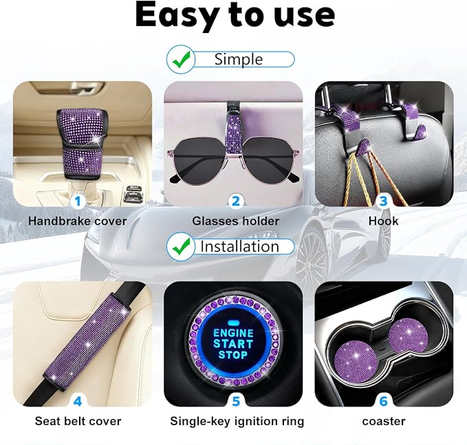 8PCS Bling Car Accessories Set, Sparkly Rhinestone Vehicle Steering Wheel Seat Belt Gear Shift Start Stop Button Cover, Diamond Auto Cup Holder Coaster Decoration, Universal Fit (Purple)