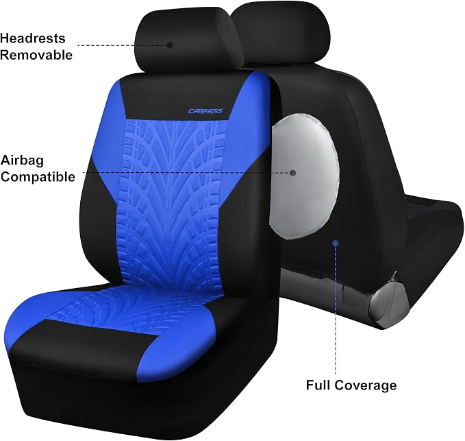 CAR PASS Car Seat Covers Full Sets, Front & Split Rear Bench for Car, 3D Tyre Embossed Automotive Interior Covers, Airbag Compatible, Quick Setup Universal Fit Seat Covers for Car, SUV(Black Blue)