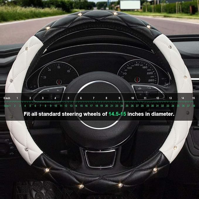 Black White Steering Wheel Cover, Anti-Slip Steering Wheel Protector with Crystal Rhinestones, Car Steering Wheel Cover for Women and Girl Fit 14.5-15 inch
