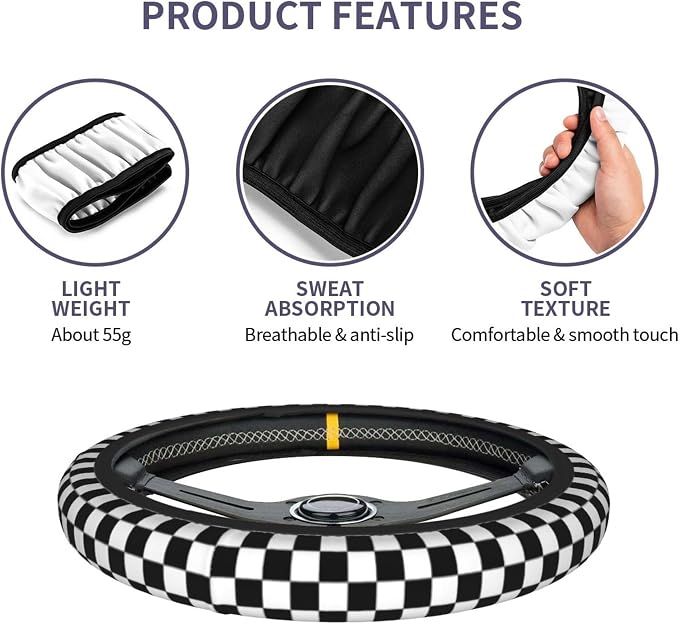 Racing Flag Steering Wheel Cover - Black and White Checkered Steering Wheel Cover Anti-Slip Breathable for 15 in Universal 2 Pcs Car Interior Cup Holder Pad for Men Women