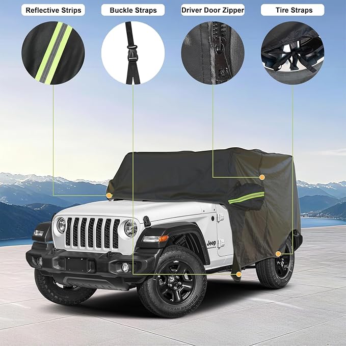 INSAUTO Waterproof Cab Cover for Jeep Wrangler 2-Door (1987–2025), All-Weather Sun, Rain & Snow Protection, UV Resistant, Windproof Outdoor Car Cover with Driver Door Zipper, Perfect for Top-Off Use