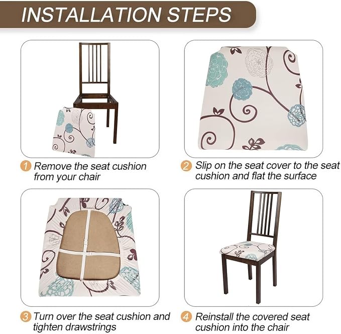 SearchI Seat Covers for Dining Room Chairs Stretch Printed Chair Seat Covers Set of 8, Removable Washable Upholstered Chair Seat Protector Cushion Slipcovers for Kitchen, Office(Ball Flower)