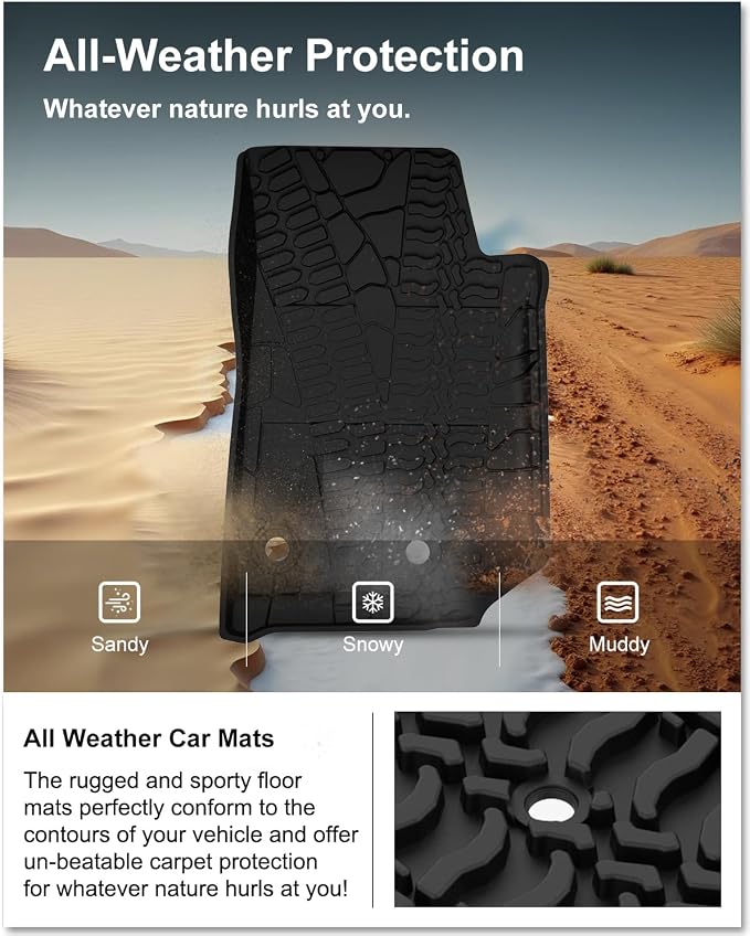 Kiwi Master Floor Mats for 2014-2018 Jeep Wrangler JK 4-Door | OEM Replacement 82213860, Custom Fit All Weather Car Mats, Heavy Duty TPE Floor Liners, Front & Rear 2 Row Set, Black