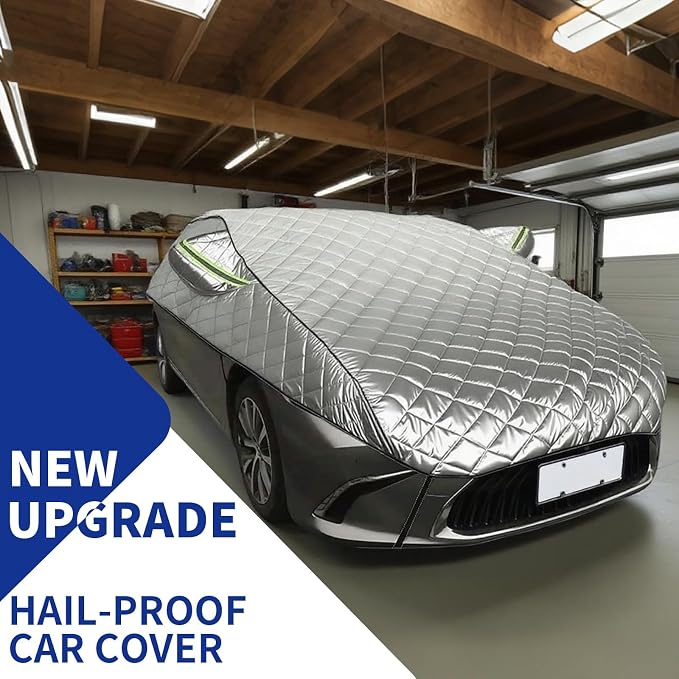 Hail Protection Car Cover Half Cover,5-Layer Heavy Duty Waterproof 210T Taffeta with Double Cotton Padding,Sun UV Rain Snow Resistant,Fit Hatchback with Lengths from 3.8 m to 4.3 m(Color:Black)