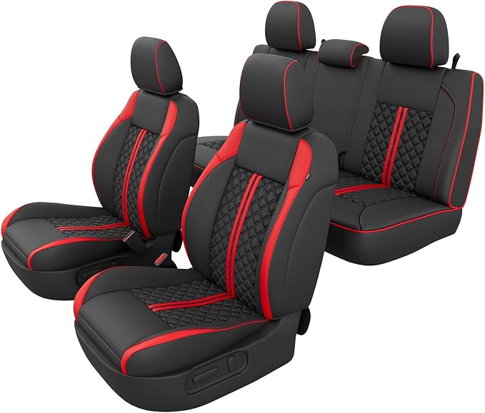 Custom Seat Covers for Tacoma 2016-2023 3rd Gen Double Cab SR5/TRD Off-Road/SR/TRD Sport/TRD PRO Full Set with Console Covers, Waterproof Leather Back and Front Seat Protectors Black Red