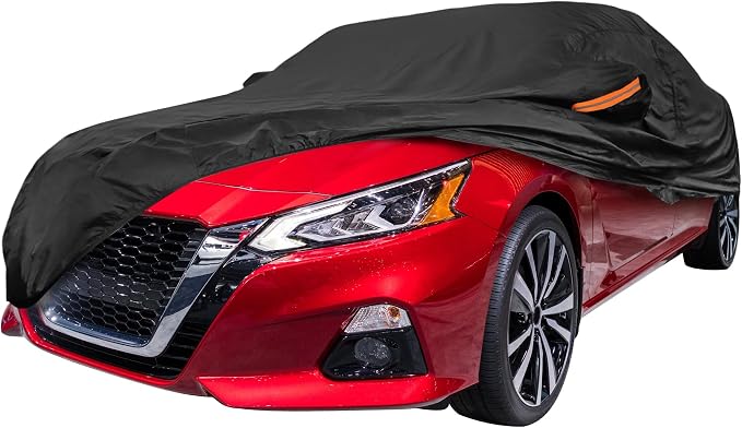 Black Heavy Duty Waterproof Car Cover for Sedan 201"-207" - All-Weather UV Protected Outdoor Full Exterior Cover with Sun/Snow/Rain Resistance