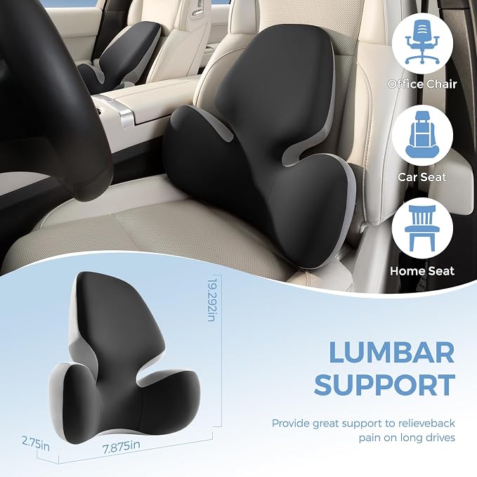 BEBAS Lumbar Support Pillow for Car, Memory Foam Back Cushion for Driving | Ergonomic Wing Wrapping, Back Pain Relief, Breathable Removable Cover, Softness, Universal Fit Car Seat, Office Chair