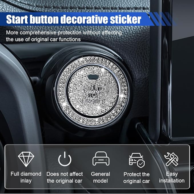 Bling Crystal Car Engine Start Ring Sticker, Sparkling Rhinestone Push Start Button Decorative Cover, Anti-Scratch Key Ignition & Knob Bling Ring Car Interior Accessories for Women (2PCS White2)
