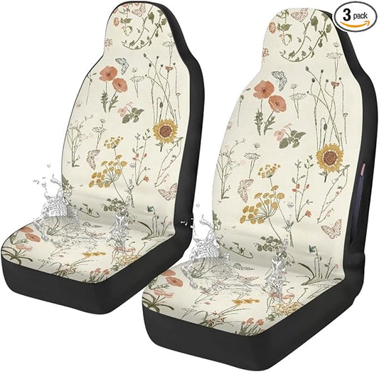 Boho Car Seat Covers Cute - 2PCS Waterproof Front Seat Covers with Car Drying Towel, Airbag Compatible, Universal Fit for Most Vehicle Car Seat Protector for Women SUV Sedans Truck