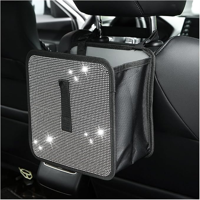 BELOMI Car Foldable Trash Can, Bling Rhinestone Crystal Auto Hanging Waterproof Leakproof Garbage Bin, Vehicle Waste Basket Dustbin, Multipurpose Car Organizer Accessories for SUV Truck RV (White)