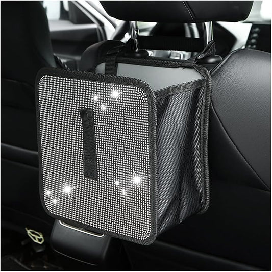 BELOMI Car Foldable Trash Can, Bling Rhinestone Crystal Auto Hanging Waterproof Leakproof Garbage Bin, Vehicle Waste Basket Dustbin, Multipurpose Car Organizer Accessories for SUV Truck RV (White)