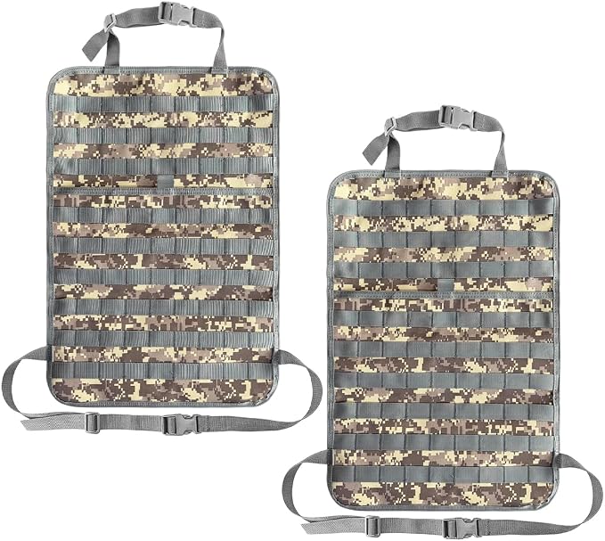 2 PCS Car Seat Back Organizer, Tactical MOLLE Sag Proof Vehicle Panel Backseat Cover Protector, Universal Molle Nylon Storage Bag Seat Back Hanger Pad for Car Truck SUV Pickup (Camouflage ACU)