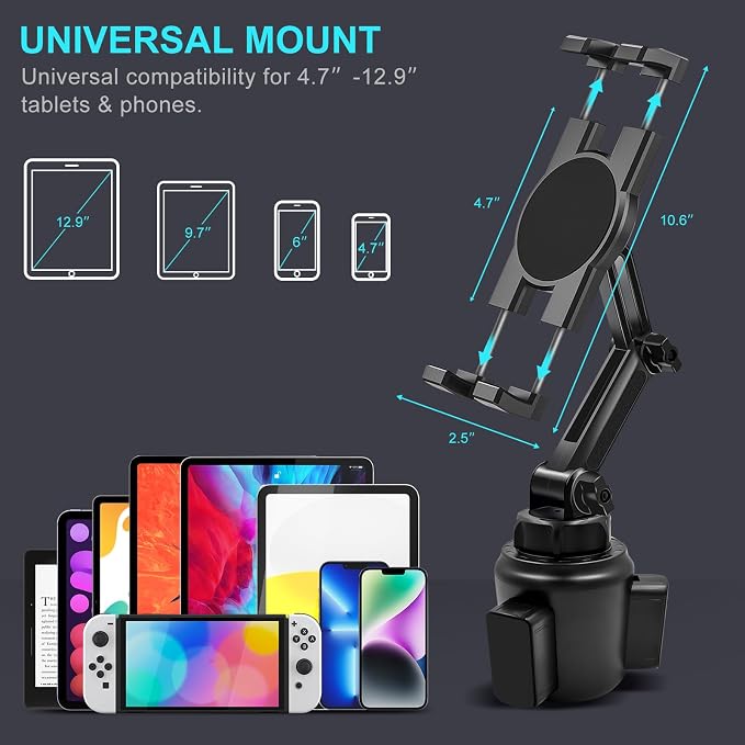 Cup Holder Car Tablet Mount, 360° Adjustable 2-Arm Stand Holder for iPad Pro 12.9/11/10.5/9.7/Air/Mini 6/5/4, Galaxy Tab/Z Fold 6/5, Amazon Fire HD, iPhone 16/15/14/Pro, 4.7-12.9" Tab & Phone