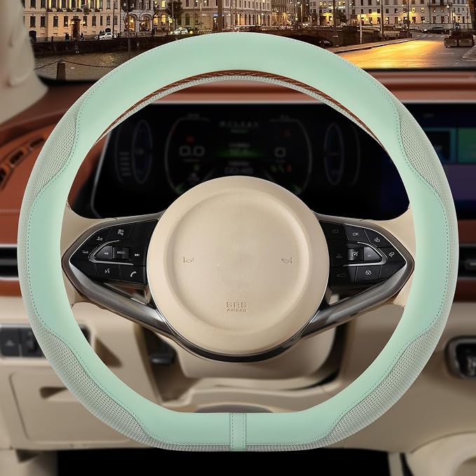 Nappa Leather Green D Shaped Steering Wheel Cover 14 inch | Non-Slip Breathable Ice Silk Fabric, Warm in Winter and Cool in Summer, Small 13.5 inch to 14 inch for Prius Golf Cart