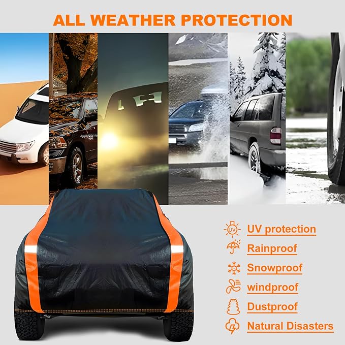 Truck Cover Heavy Duty 100% Waterproof Pickup Truck Cover All Weather Protection Rain UV Full Car Cover Universal Fit for Ford F150 Chevy Silverado Dodge Ram 1500 Fit Length Up to 242"