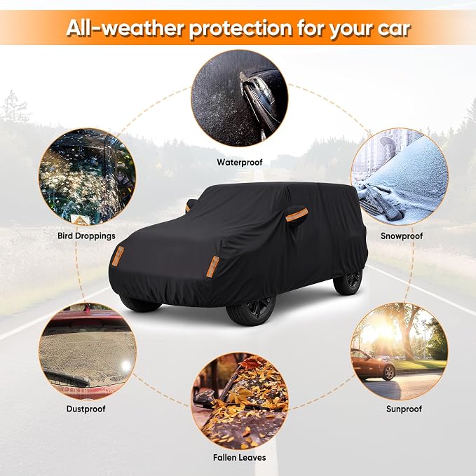 Car Cover for Jeep Wrangler 2 Door 1987-2026 JK JL CJ YJ TJ Outdoor Waterproof Sun Rain Snow Hail UV Protection with Driver Door Zipper