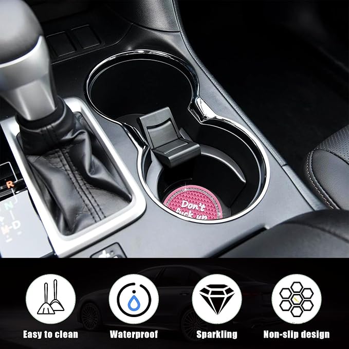 Ziciner 2 Pack Bling Car Cup Holder Coaster, 2.75 Inch Anti-Slip Auto Insert Cup Coaster, Crystal Car Drink Cup Mat Perfect for Women Girls, Universal Interior Decor Accessories (Pink)