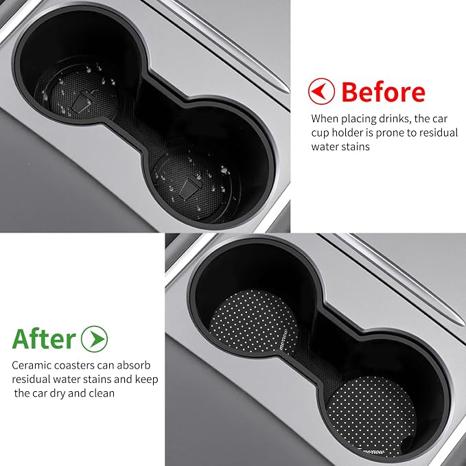 Cute Fashion Polka Dot Car Coasters 2 Pack for Cup Holders, 2.56 Inch Finger Notch Retro 70's Style Ceramics Heat Resistant Anti Slip Cork Base Car Drinks Coasters Auto Accessories-Black