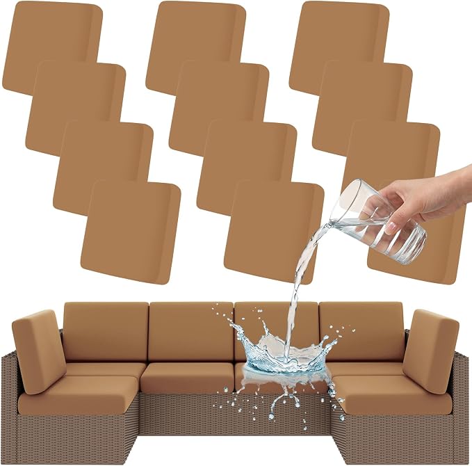 Smiry Waterproof Patio Cushion Covers, Stretch Outdoor Couch Slipcovers Replacement Washable Furniture Protector Sofa Chair Seat Cover for Dogs and Pets (12 Pcs, Camel)