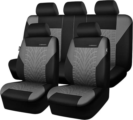 CAR PASS Car Seat Covers Full Sets, Front & Split Rear Bench for Car, 3D Tyre Embossed Automotive Interior Covers, Airbag Compatible, Quick Setup Universal Fit Seat Covers for Car, SUV(Black Gray)