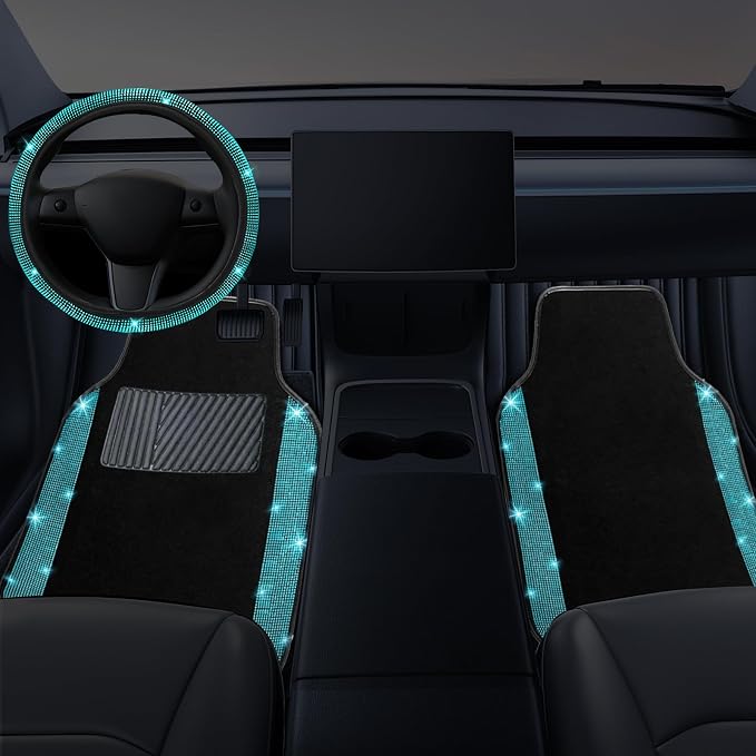 NBTEPEM Bling Car Floor Mats Full Set and Steering Wheel Cover, Universal Fit Most Cars, 4 pcs Sparkle Glitter Diamond Carpet, 5 pcs Bling Car Accessories Set for Women (Aquamarine Diamond)