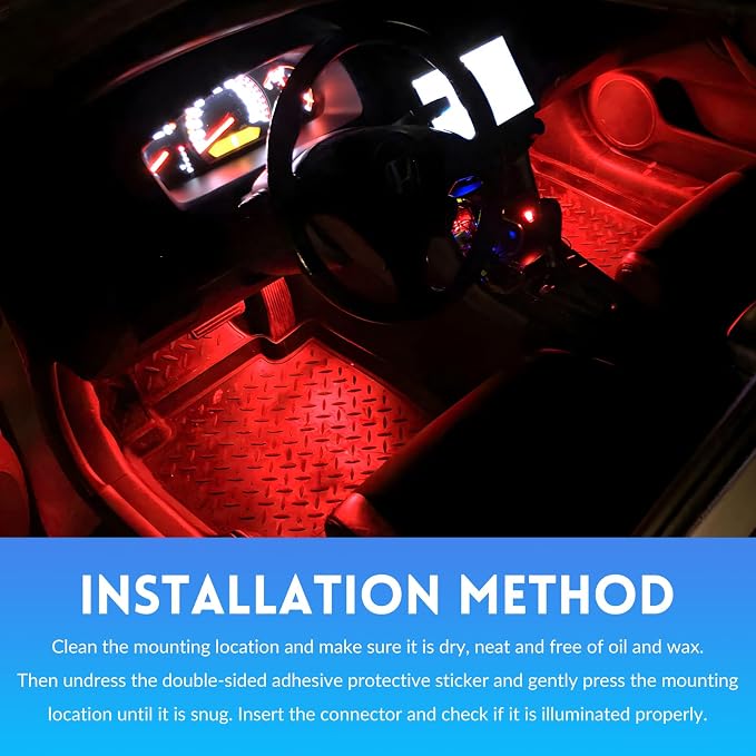 Car LED Strip Light, 12V 24 LEDs RGB Car Interior Atmosphere Lamp with USB Port, Vehicle Under Dash Floor Ambient Night Decorative Lighting Kit (Red)